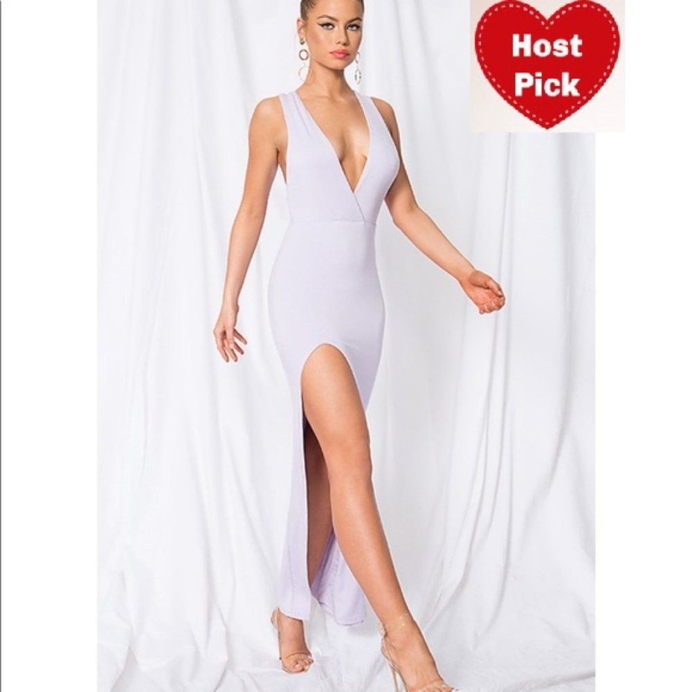 Superdown Erika Deep V Neck Dress high slit dress plunging neckline lavender NWT